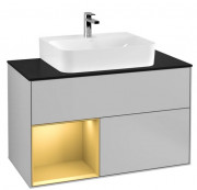 Тумба під раковину Villeroy & Boch Finion 100х50,1 см із підсвічуванням МДФ світло-сірий матовий лак/золотий матовий лак/скло чорне матове G112HFGJ