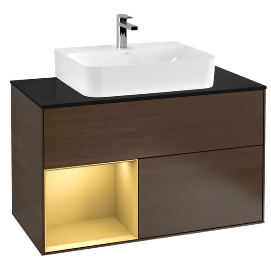 Тумба под раковину Villeroy & Boch Finion 100х50,1 см с подсветкой ДСП шпон грецкого ореха/золотой матовый лак/стекло черное матовое G112HFGN
