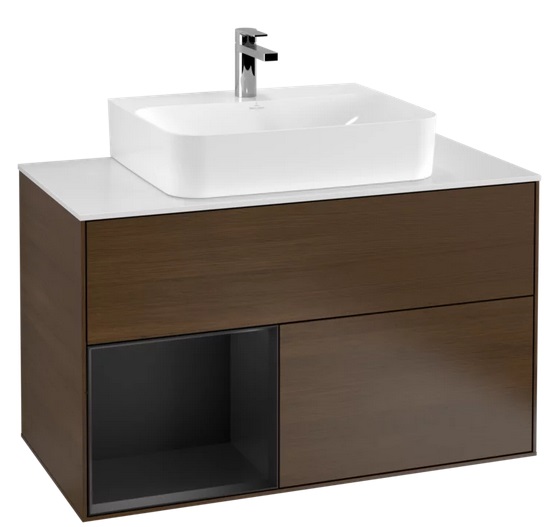 Тумба под раковину Villeroy & Boch Finion 100х50,1 см с подсветкой ДСП шпон грецкого ореха/черный матовый лак/стекло белое матовое G111PDGN