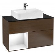 Тумба под раковину Villeroy & Boch Finion 100х50,1 см с подсветкой ДСП шпон грецкого ореха/глянцевый белый лак/стекло черное матовое G112GFGN