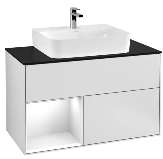 Тумба под раковину Villeroy & Boch Finion 100х50,1 см с подсветкой МДФ белый матовый лак/глянцевый белый лак/стекло черное матовое G112GFMT