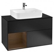 Тумба під раковину Villeroy & Boch Finion 100х50,1 см з підсвічуванням МДФ чорний матовий лак/шпон волоського горіха/скло чорне матове G112GNPD