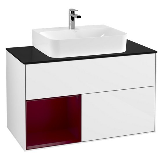 Тумба под раковину Villeroy & Boch Finion 100х50,1 см с подсветкой МДФ глянцевый белый лак/пион матовый лак/стекло черное матовое G112HBGF