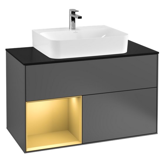 Тумба під раковину Villeroy & Boch Finion 100х50,1 см із підсвічуванням МДФ антрацит матовий лак/золотий матовий лак/скло чорне матове G112HFGK