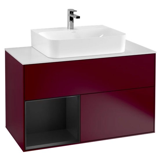 Тумба під раковину Villeroy & Boch Finion 100х50,1 см з підсвічуванням МДФ півонія матовий лак/чорний матовий лак/скло біле матове G111PDHB