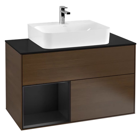 Тумба под раковину Villeroy & Boch Finion 100х50,1 см с подсветкой ДСП шпон грецкого ореха/черный матовый лак/стекло черное матовое G112PDGN