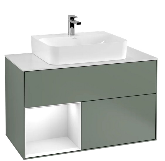 Тумба под раковину Villeroy & Boch Finion 100х50,1 см с подсветкой МДФ оливковый матовый лак/глянцевый белый лак/стекло белое матовое G111GFGM