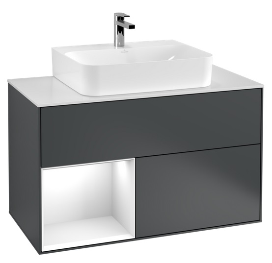 Тумба под раковину Villeroy & Boch Finion 100х50,1 см с подсветкой МДФ темно-синий матовый лак/глянцевый белый лак/стекло белое матовое G111GFHG