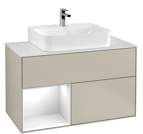 Тумба под раковину Villeroy & Boch Finion 100х50,1 см с подсветкой МДФ песок матовый лак/глянцевый белый лак/стекло белое матовое G111GFHH