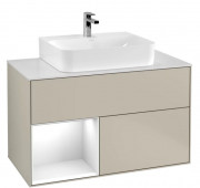 Тумба под раковину Villeroy & Boch Finion 100х50,1 см с подсветкой МДФ песок матовый лак/глянцевый белый лак/стекло белое матовое G111GFHH