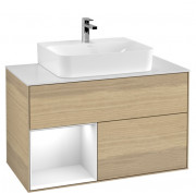 Тумба под раковину Villeroy & Boch Finion 100х50,1 см с подсветкой ДСП шпон дуба/глянцевый белый лак/стекло белое матовое G111GFPC