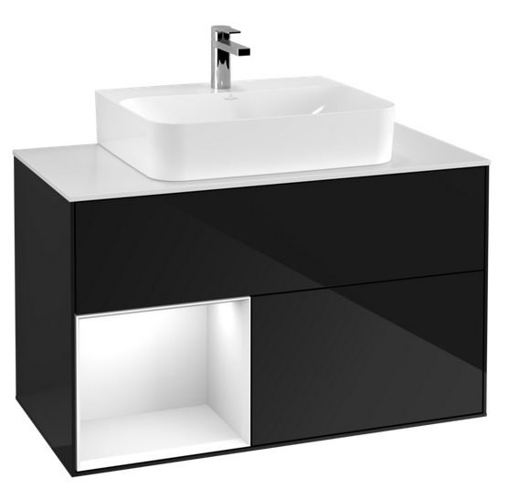 Тумба под раковину Villeroy & Boch Finion 100х50,1 см с подсветкой МДФ глянцевый черный лак/глянцевый белый лак/стекло белое матовое G111GFPH