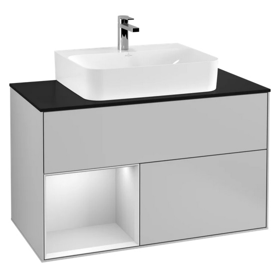 Тумба под раковину Villeroy & Boch Finion 100х50,1 см с подсветкой МДФ светло-серый матовый лак/белый матовый лак/стекло черное матовое G112MTGJ