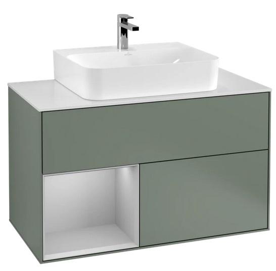 Тумба под раковину Villeroy & Boch Finion 100х50,1 см с подсветкой МДФ оливковый матовый лак/светло-серый матовый лак/стекло белое матовое G111GJGM