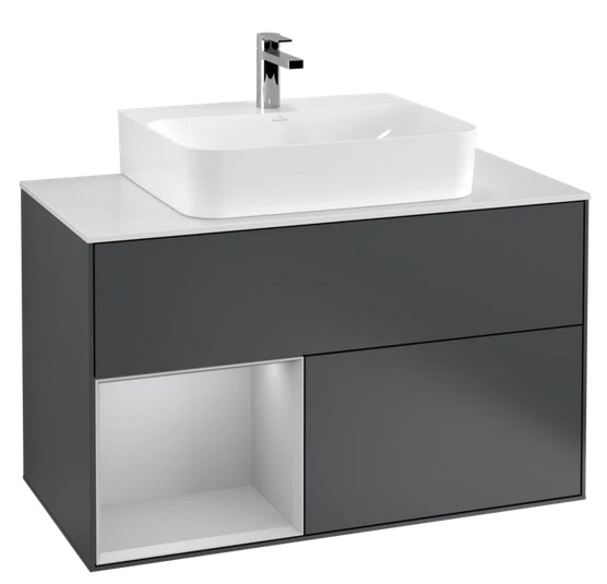 Тумба під раковину Villeroy & Boch Finion 100х50,1 см із підсвічуванням МДФ темно-синій матовий лак/світло-сірий матовий лак/скло біле матове G111GJHG