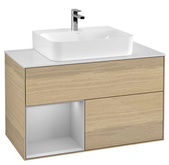 Тумба под раковину Villeroy & Boch Finion 100х50,1 см с подсветкой ДСП шпон дуба/светло-серый матовый/стекло белое матовое G111GJPC