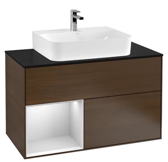 Тумба под раковину Villeroy & Boch Finion 100х50,1 см с подсветкой ДСП шпон грецкого ореха/белый матовый лак/стекло черное матовое G112MTGN