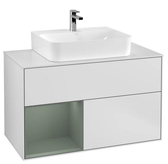 Тумба под раковину Villeroy & Boch Finion 100х50,1 см с подсветкой МДФ белый матовый лак/оливковый матовый лак/стекло белое матовое G111GMMT