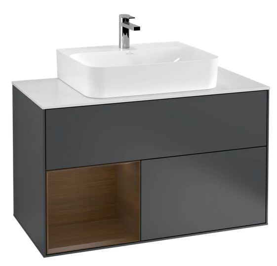 Тумба под раковину Villeroy & Boch Finion 100х50,1 см с подсветкой МДФ темно-синий матовый лак/шпон грецкого ореха/стекло белое матовое G111GNHG