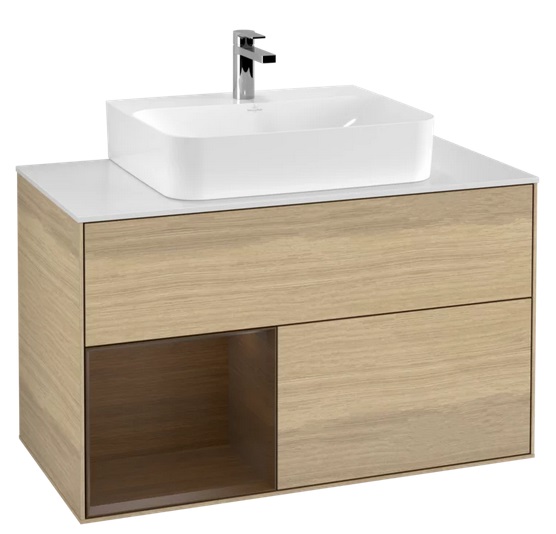 Тумба под раковину Villeroy & Boch Finion 100х50,1 см с подсветкой ДСП шпон дуба/шпон грецкого ореха/стекло белое матовое G111GNPC