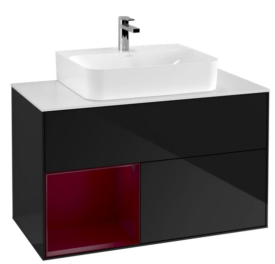 Тумба под раковину Villeroy & Boch Finion 100х50,1 см с подсветкой МДФ глянцевый черный лак/пион матовый лак/стекло белое матовое G111HBPH