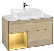 Тумба под раковину Villeroy & Boch Finion 100х50,1 см с подсветкой ДСП шпон дуба/золото матовый лак/стекло белое матовое G111HFPC