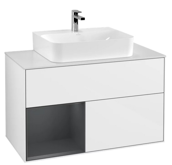 Тумба під раковину Villeroy & Boch Finion 100х50,1 см із підсвічуванням МДФ глянсовий білий лак/темно-синій матовий лак/скло біле матове G111HGGF