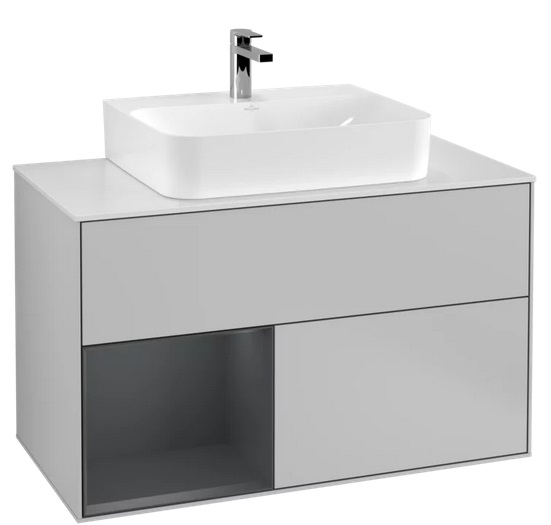 Тумба під раковину Villeroy & Boch Finion 100х50,1 см із підсвічуванням МДФ світло-сірий матовий лак/темно-синій матовий лак/скло біле матове G111HGGJ