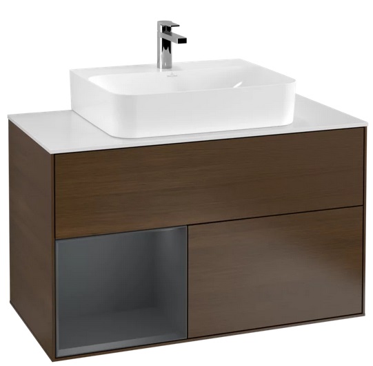 Тумба под раковину Villeroy & Boch Finion 100х50,1 см с подсветкой ДСП шпон грецкого ореха/темно-синий матовый лак/стекло белое матовое G111HGGN