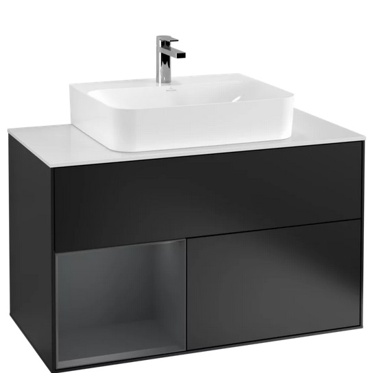 Тумба под раковину Villeroy & Boch Finion 100х50,1 см с подсветкой МДФ черный матовый лак/темно-синий матовый лак/стекло белое матовое  G111HGPD