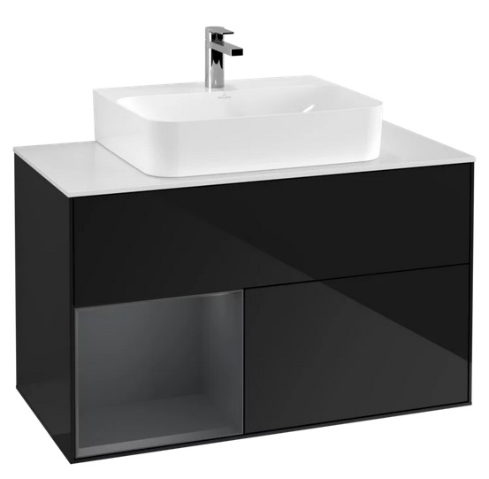 Тумба під раковину Villeroy & Boch Finion 100х50,1 см із підсвічуванням МДФ глянсовий чорний лак/темно-синій матовий лак/скло біле матове G111HGPH