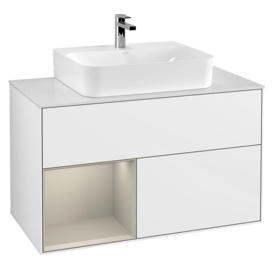 Тумба під раковину Villeroy & Boch Finion 100х50,1 см із підсвічуванням МДФ глянсовий білий лак/пісок матовий лак/скло біле матове G111HHGF