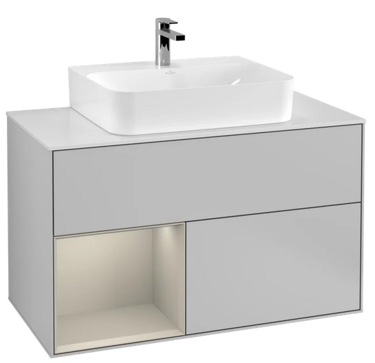 Тумба під раковину Villeroy & Boch Finion 100х50,1 см із підсвічуванням МДФ світло-сірий матовий лак/пісок матовий лак/скло біле матове G111HHGJ