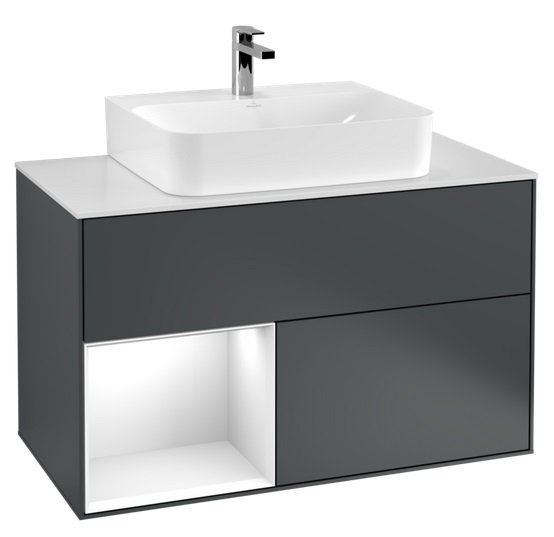 Тумба під раковину Villeroy & Boch Finion 100х50,1 см із підсвічуванням МДФ темно-синій матовий лак/глянцевий білий лак/скло біле матове G111GFHG