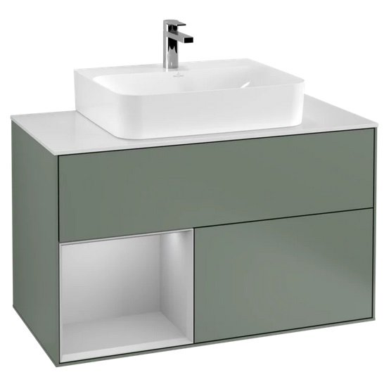 Тумба под раковину Villeroy & Boch Finion 100х50,1 см с подсветкой МДФ оливковый матовый лак/светло-серый матовый лак/стекло белое матовое G111GJGM