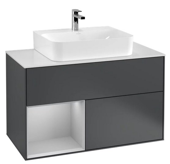 Тумба под раковину Villeroy & Boch Finion 100х50,1 см с подсветкой МДФ темно-синий матовый лак/светло-серый матовый лак/стекло белое матовое G111GJHG