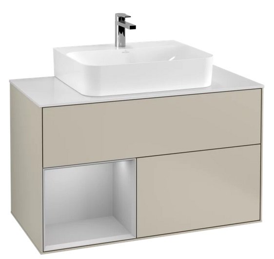 Тумба під раковину Villeroy & Boch Finion 100х50,1 см з підсвічуванням МДФ пісок матовий лак/світло-сірий матовий лак/скло біле матове G111GJHH