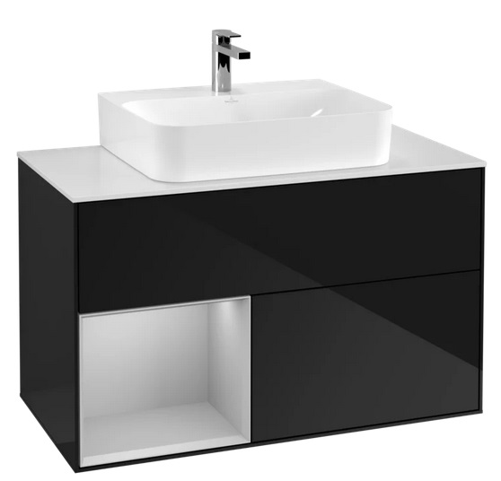 Тумба под раковину Villeroy & Boch Finion 100х50,1 см с подсветкой МДФ глянцевый черный лак/светло-серый матовый/стекло белое матовое G111GJPH