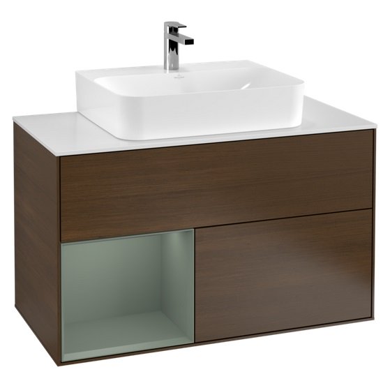 Тумба под раковину Villeroy & Boch Finion 100х50,1 см с подсветкой ДСП шпон грецкого ореха/оливковый матовый лак/стекло белое матовое G111GMGN