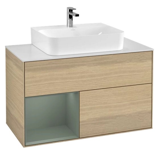 Тумба под раковину Villeroy & Boch Finion 100х50,1 см с подсветкой ДСП шпон дуба/оливковый матовый лак/стекло белое матовое G111GMPC
