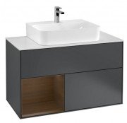 Тумба під раковину Villeroy & Boch Finion 100х50,1 см із підсвічуванням МДФ темно-синій матовий лак/шпон волоського горіха/скло біле матове G111GNHG