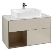 Тумба під раковину Villeroy & Boch Finion 100х50,1 см з підсвічуванням МДФ пісок матовий лак/шпон волоського горіха/скло біле матове G111GNHH