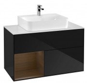 Тумба под раковину Villeroy & Boch Finion 100х50,1 см с подсветкой МДФ глянцевый черный лак/шпон грецкого ореха/стекло белое матовое G111GNPH
