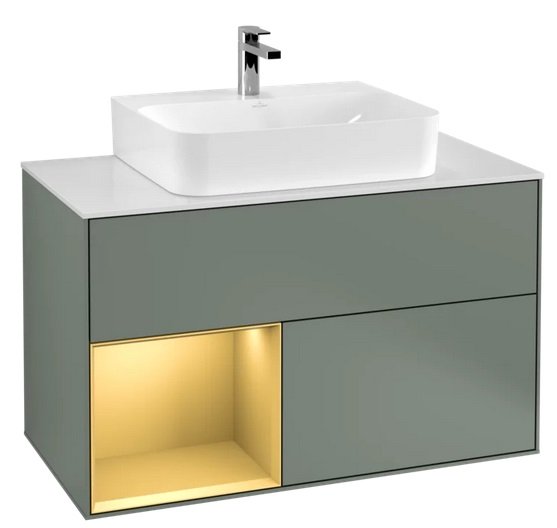 Тумба під раковину Villeroy & Boch Finion 100х50,1 см з підсвічуванням МДФ оливковий матовий лак/золото матовий лак/скло біле матове G111HFGM