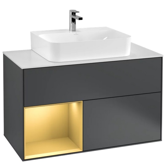 Тумба под раковину Villeroy & Boch Finion 100х50,1 см с подсветкой МДФ темно-синий матовый лак/золото матовый лак/стекло белое матовое G111HFHG