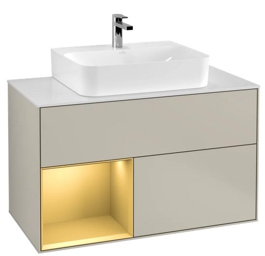 Тумба под раковину Villeroy & Boch Finion 100х50,1 см с подсветкой МДФ песок матовый лак/золото матовый лак/стекло белое матовое G111HFHH