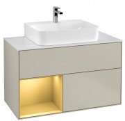 Тумба под раковину Villeroy & Boch Finion 100х50,1 см с подсветкой МДФ песок матовый лак/золото матовый лак/стекло белое матовое G111HFHH