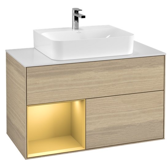 Тумба під раковину Villeroy & Boch Finion 100х50,1 см з підсвічуванням ДСП шпон дуба/золото матовий лак/скло біле матове G111HFPC