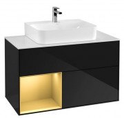 Тумба под раковину Villeroy & Boch Finion 100х50,1 см с подсветкой МДФ глянцевый черный лак/золото матовый лак/стекло белое матовое G111HFPH