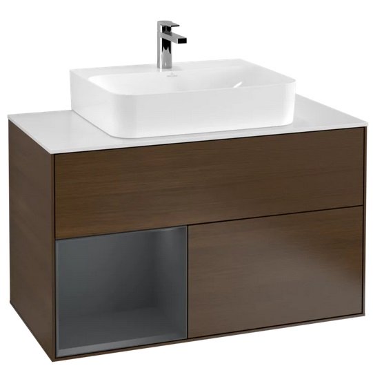 Тумба под раковину Villeroy & Boch Finion 100х50,1 см с подсветкой ДСП шпон грецкого ореха/темно-синий матовый лак/стекло белое матовое G111HGGN